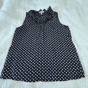 J. Crew Blue and White Polka Dot Sleeveless Ruffled Neck Blouse